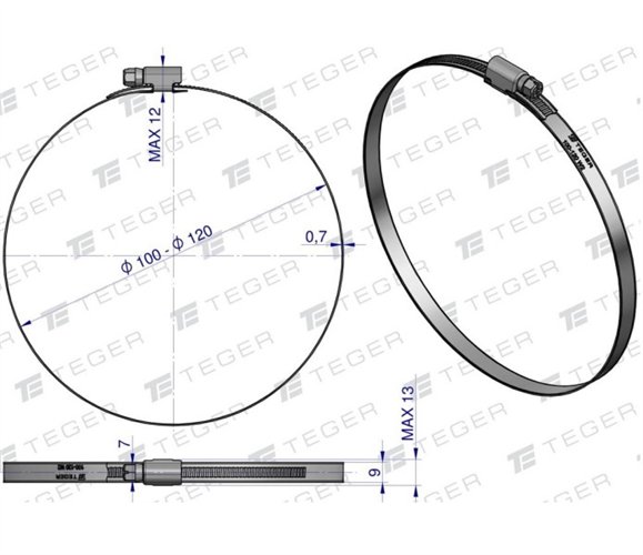 Opaska zaciskowa 100-120 ślimakowa (obejma W2 - stal nierdzewna) szerkość 9mm TEGER ( sprzedawane po 10 )