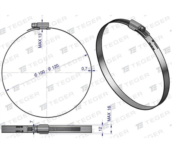 Opaska zaciskowa wzmocniona 100-120 ślimakowa (obejma W2 - stal nierdzewna) szerkość 12mm TEGER ( sprzedawane po 10 )