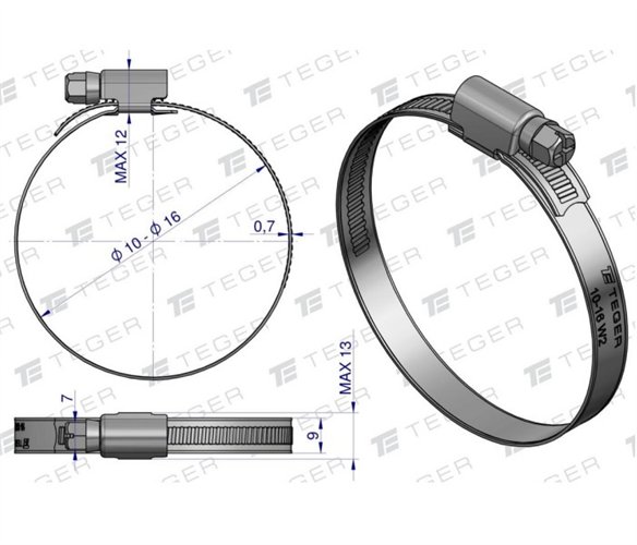 Opaska zaciskowa 10-16 ślimakowa (obejma W2 - stal nierdzewna) szerokość 9mm TEGER ( sprzedawane po 50 )