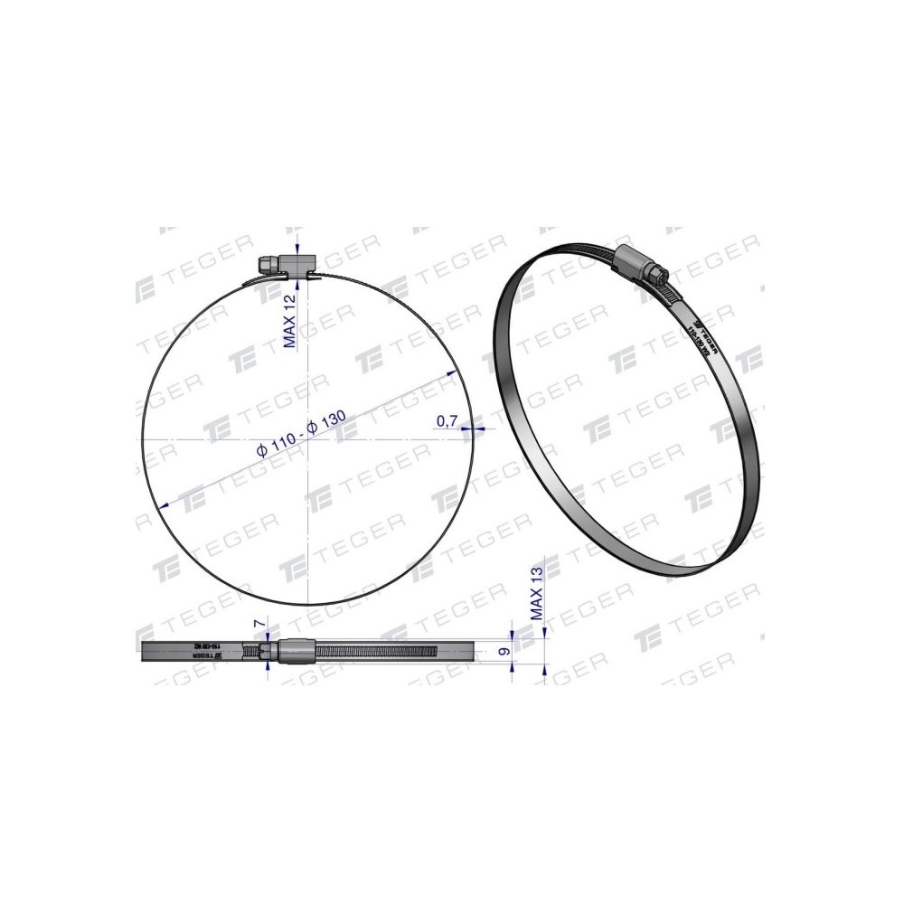 Opaska zaciskowa 110-130 ślimakowa (obejma W2 - stal nierdzewna) szerkość 9mm TEGER ( sprzedawane po 10 )