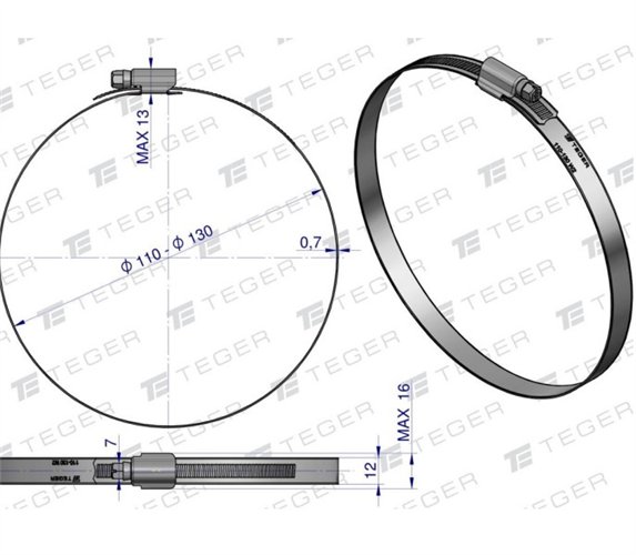 Opaska zaciskowa wzmocniona 110-130 ślimakowa (obejma W2 - stal nierdzewna) szerkość 12mm TEGER ( sprzedawane po 10 )