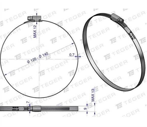 Opaska zaciskowa 120-140 ślimakowa (obejma W2 - stal nierdzewna) szerkość 9mm TEGER ( sprzedawane po 10 )
