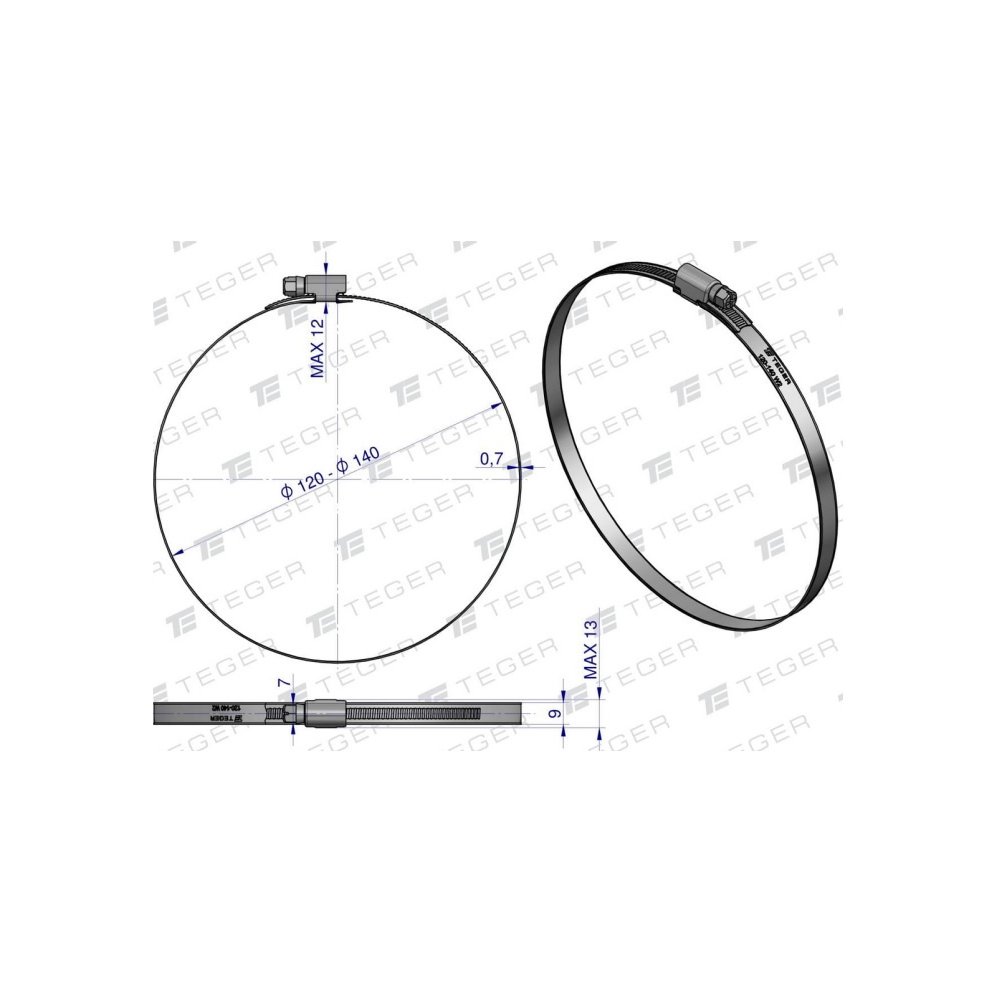 Opaska zaciskowa 120-140 ślimakowa (obejma W2 - stal nierdzewna) szerkość 9mm TEGER ( sprzedawane po 10 )