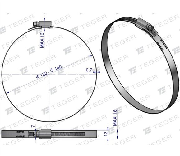 Opaska zaciskowa wzmocniona 120-140 ślimakowa (obejma W2 - stal nierdzewna) szerkość 12mm TEGER ( sprzedawane po 10 )