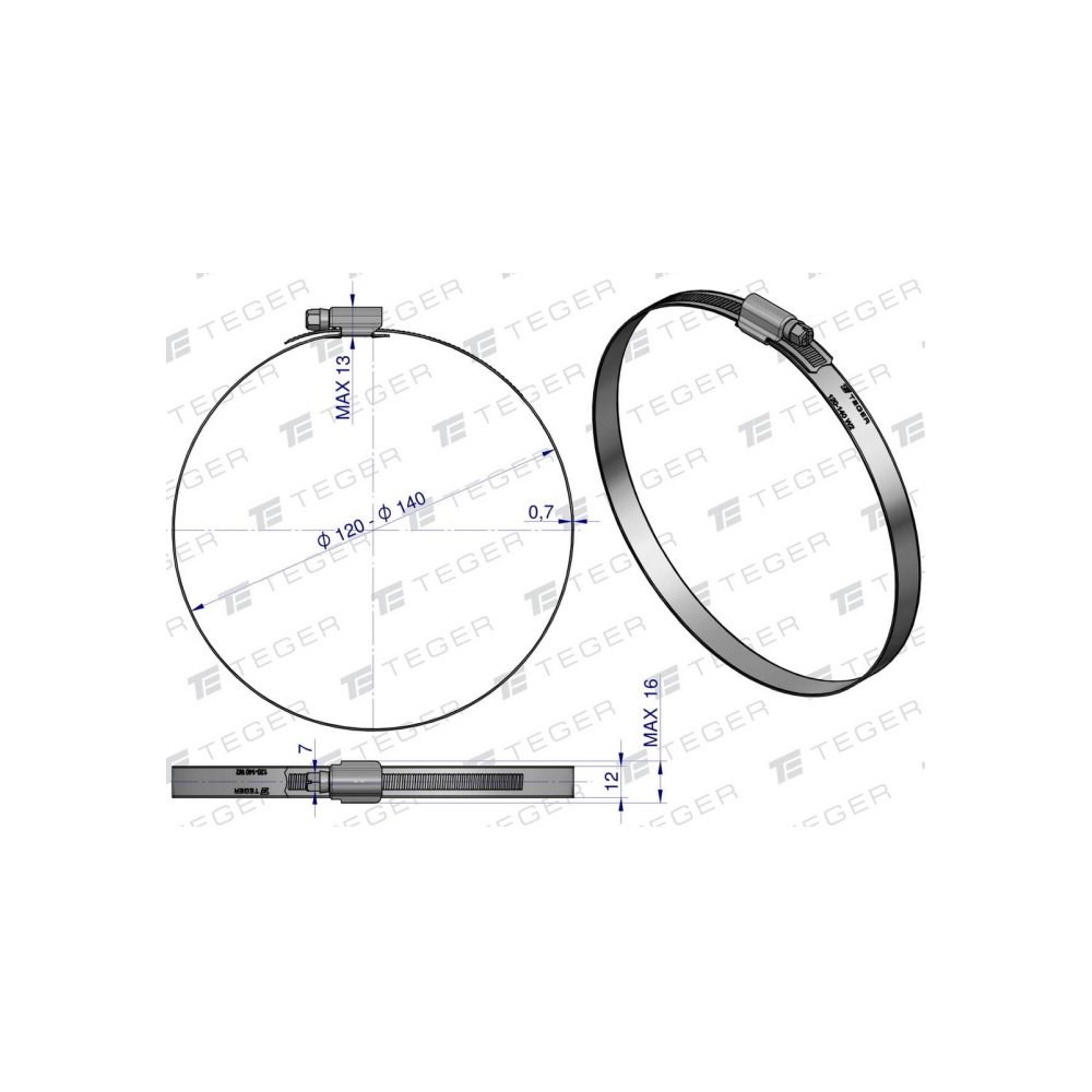 Opaska zaciskowa wzmocniona 120-140 ślimakowa (obejma W2 - stal nierdzewna) szerkość 12mm TEGER ( sprzedawane po 10 )
