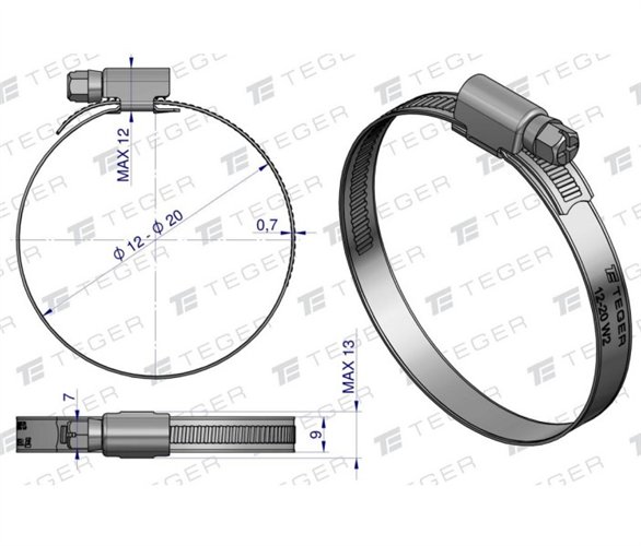 Opaska zaciskowa 12-20 ślimakowa (obejma W2 - stal nierdzewna) szerkość 9mm TEGER ( sprzedawane po 50 )