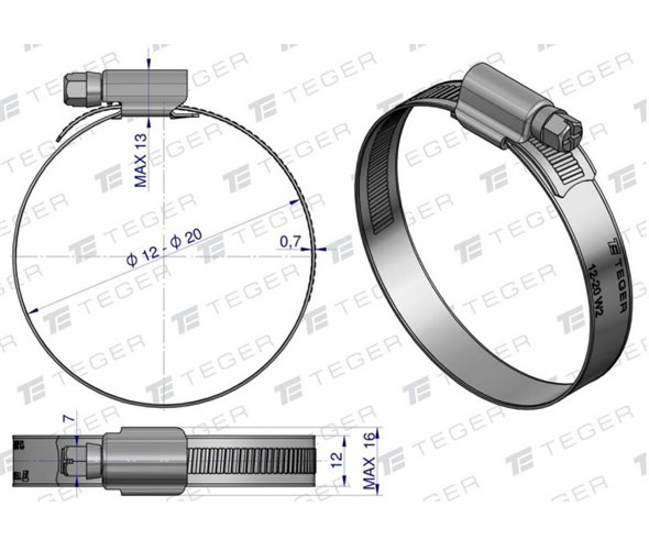Opaska zaciskowa wzmocniona 12-20 ślimakowa (obejma W2 - stal nierdzewna) szerkość 12mm TEGER ( sprzedawane po 50 )