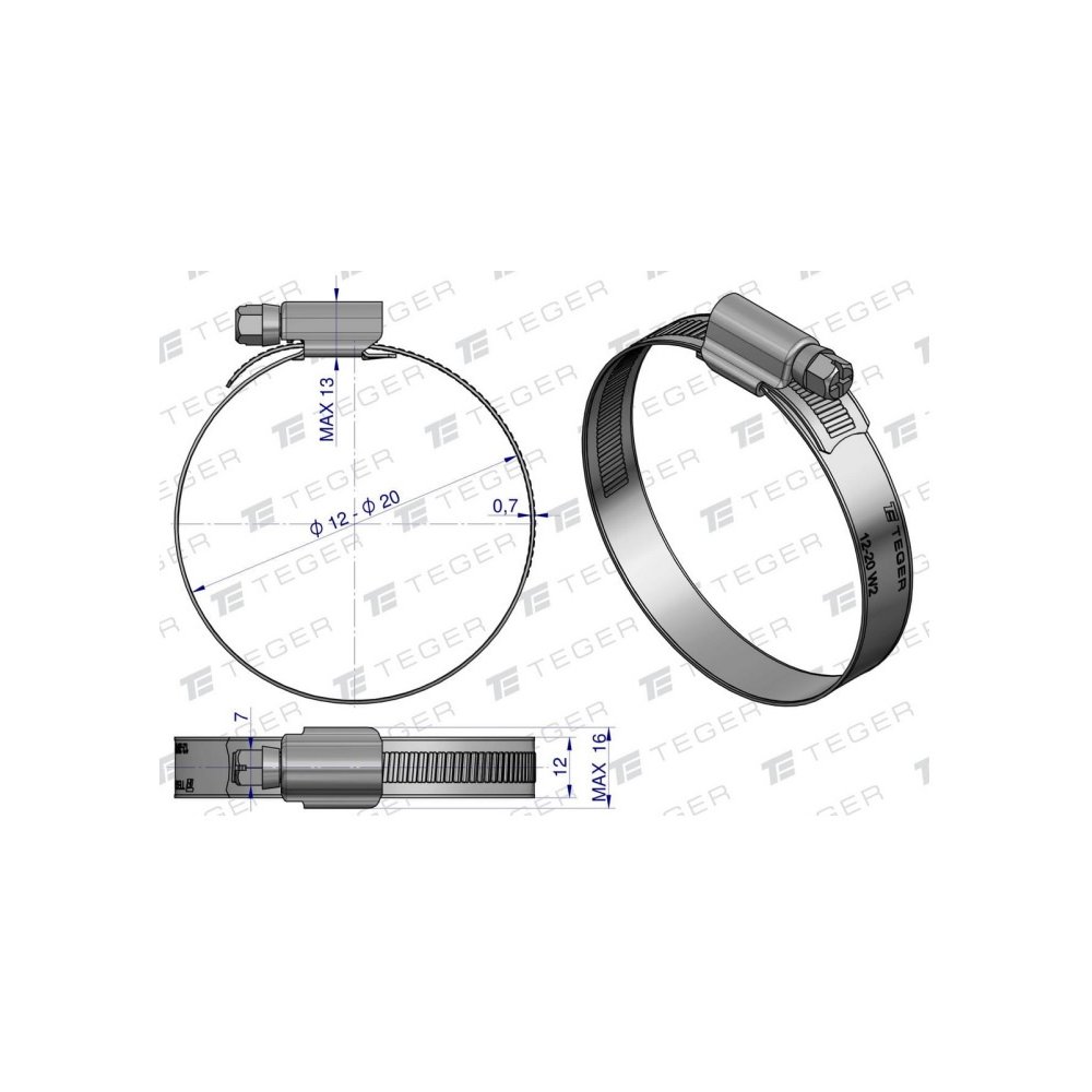 Opaska zaciskowa wzmocniona 12-20 ślimakowa (obejma W2 - stal nierdzewna) szerkość 12mm (blister) TEGER ( sprzedawane po 10 )