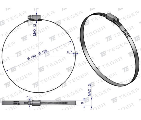 Opaska zaciskowa 130-150 ślimakowa (obejma W2 - stal nierdzewna) szerkość 9mm TEGER ( sprzedawane po 10 )
