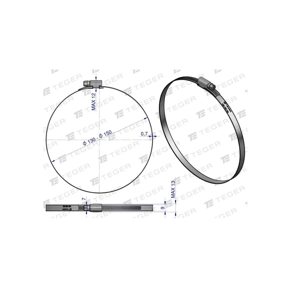 Opaska zaciskowa 130-150 ślimakowa (obejma W2 - stal nierdzewna) szerkość 9mm TEGER ( sprzedawane po 10 )