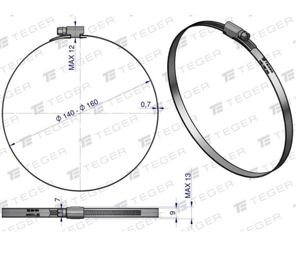 Opaska zaciskowa 140-160 ślimakowa (obejma W2 - stal nierdzewna) szerkość 9mm TEGER ( sprzedawane po 10 )