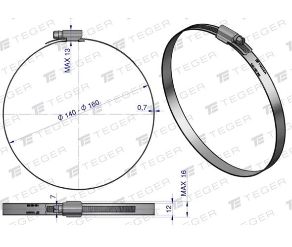 Opaska zaciskowa wzmocniona 140-160 ślimakowa (obejma W2 - stal nierdzewna) szerkość 12mm TEGER ( sprzedawane po 10 )