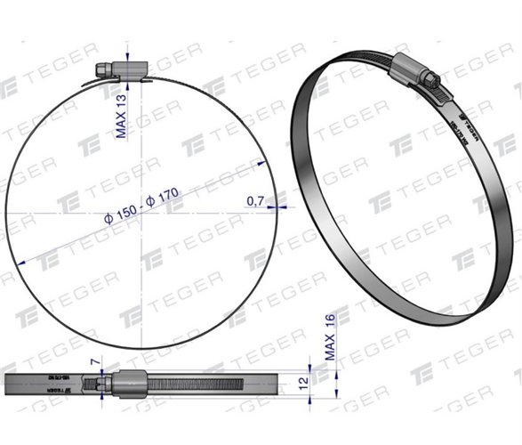 Opaska zaciskowa wzmocniona 150-170 ślimakowa (obejma W2 - stal nierdzewna) szerkość 12mm TEGER ( sprzedawane po 10 )