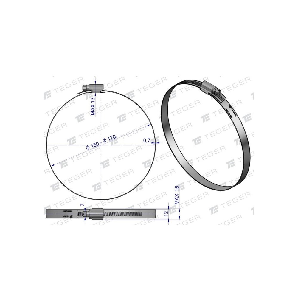 Opaska zaciskowa wzmocniona 150-170 ślimakowa (obejma W2 - stal nierdzewna) szerkość 12mm TEGER ( sprzedawane po 10 )