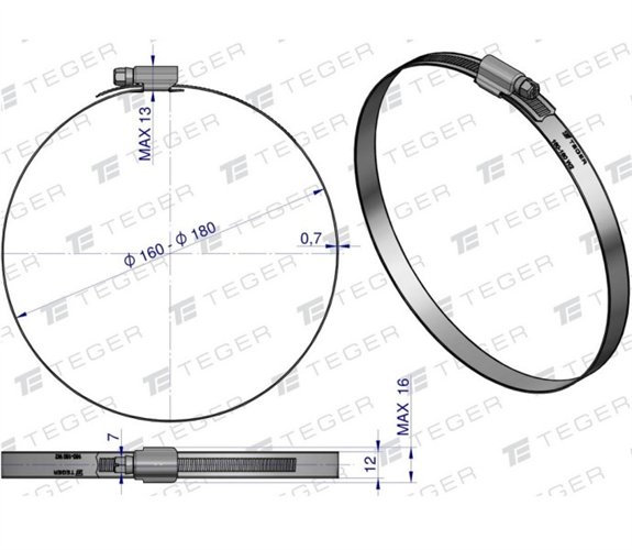 Opaska zaciskowa wzmocniona 160-180 ślimakowa (obejma W2 - stal nierdzewna) szerkość 12mm TEGER ( sprzedawane po 10 )