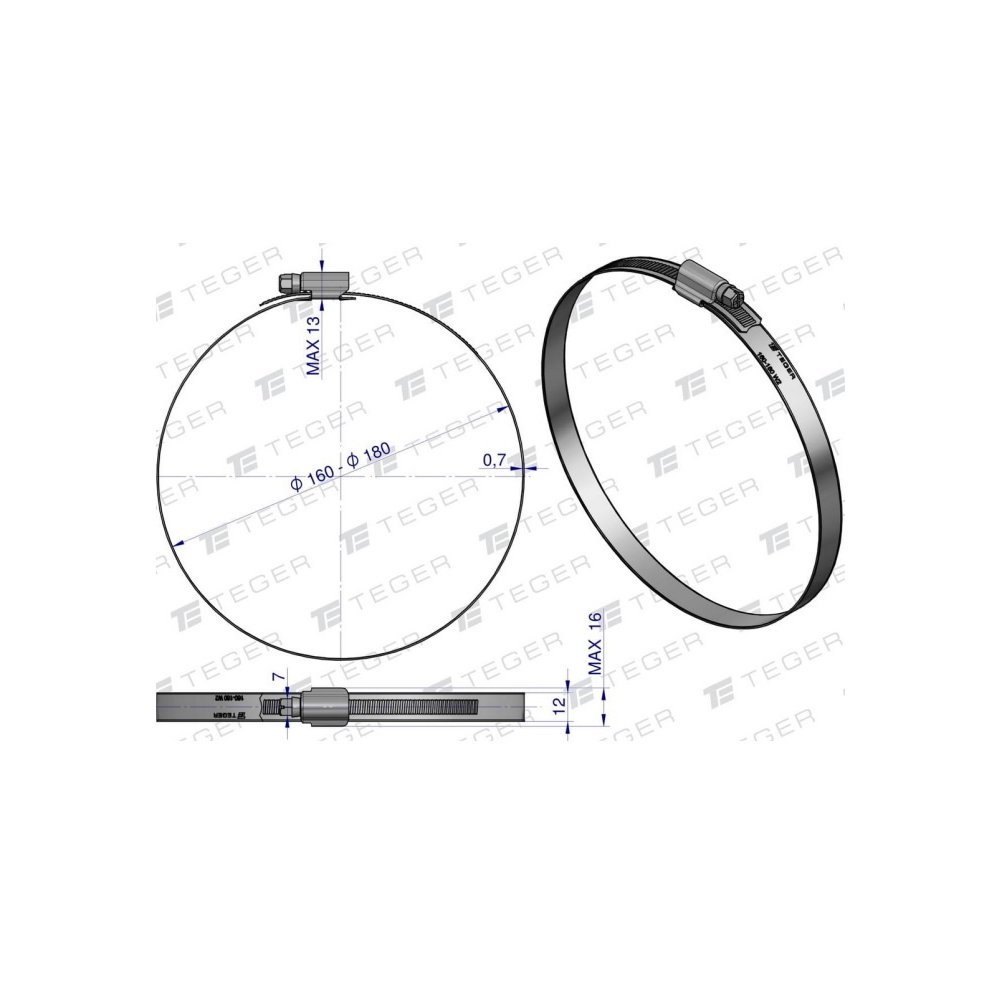 Opaska zaciskowa wzmocniona 160-180 ślimakowa (obejma W2 - stal nierdzewna) szerkość 12mm TEGER ( sprzedawane po 10 )