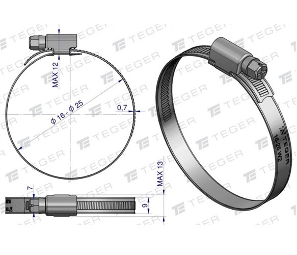 Opaska zaciskowa 16-25 ślimakowa (obejma W2 - stal nierdzewna) szerkość 9mm TEGER ( sprzedawane po 50 )