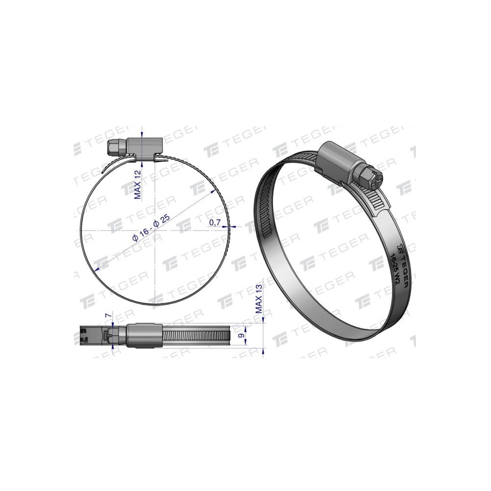 Opaska zaciskowa 16-25 ślimakowa (obejma W2 - stal nierdzewna) szerkość 9mm (blister) TEGER ( sprzedawane po 12 )