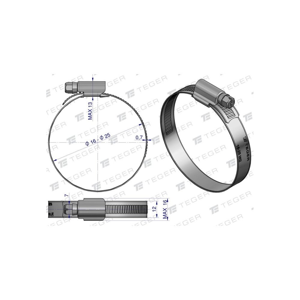 Opaska zaciskowa wzmocniona 16-25 ślimakowa (obejma W2 - stal nierdzewna) szerkość 12mm (blister) TEGER ( sprzedawane po 10 )