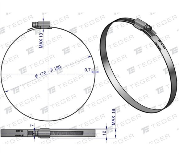 Opaska zaciskowa wzmocniona 170-190 ślimakowa (obejma W2 - stal nierdzewna) szerkość 12mm TEGER ( sprzedawane po 10 )