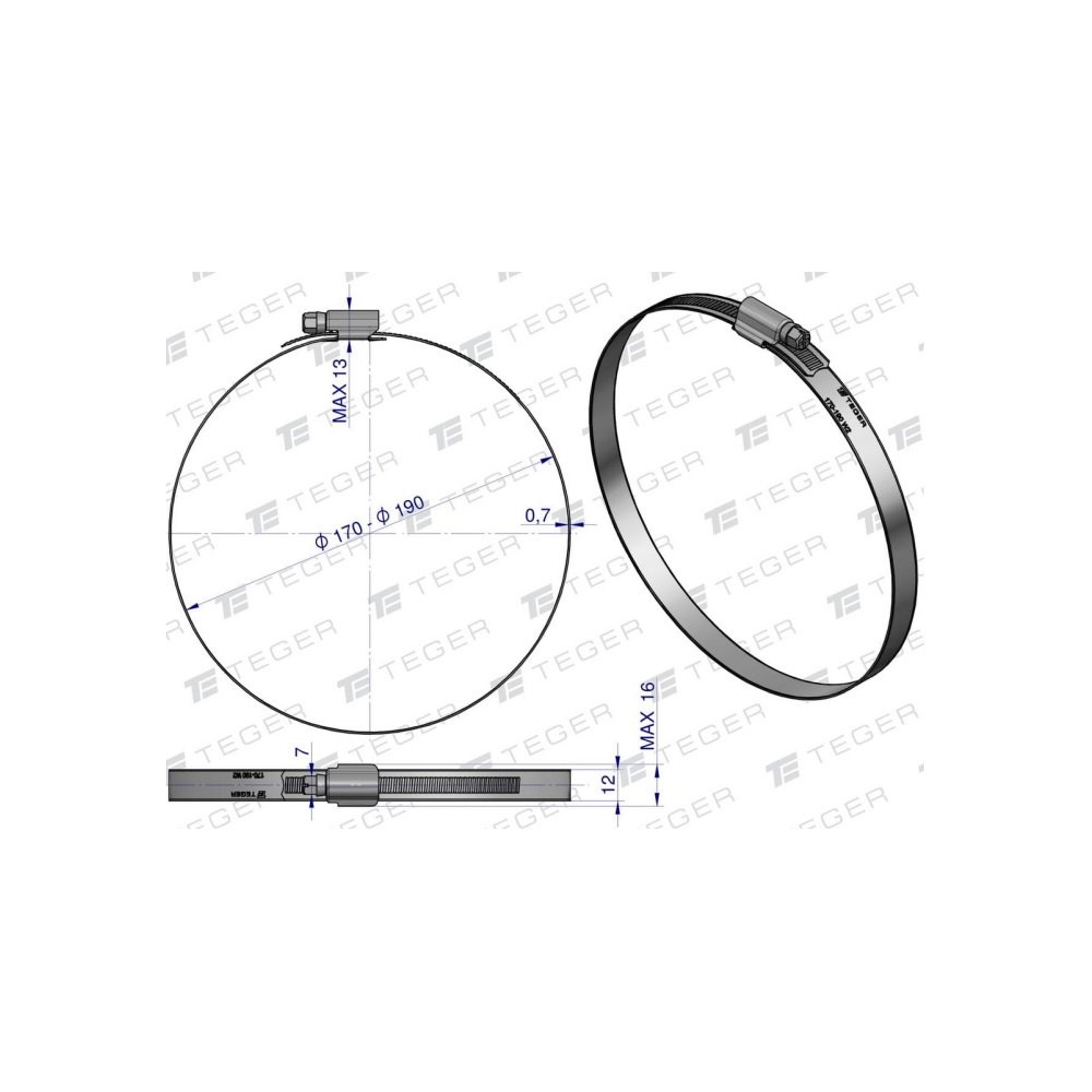 Opaska zaciskowa wzmocniona 170-190 ślimakowa (obejma W2 - stal nierdzewna) szerkość 12mm TEGER ( sprzedawane po 10 )