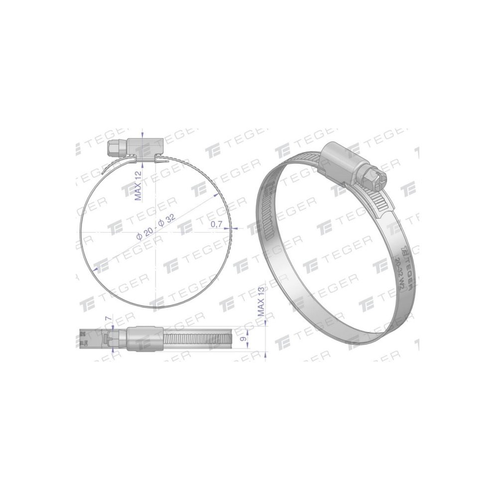Opaska zaciskowa 20-32 ślimakowa (obejma W2 - stal nierdzewna) szerkość 9mm TEGER ( sprzedawane po 50 )