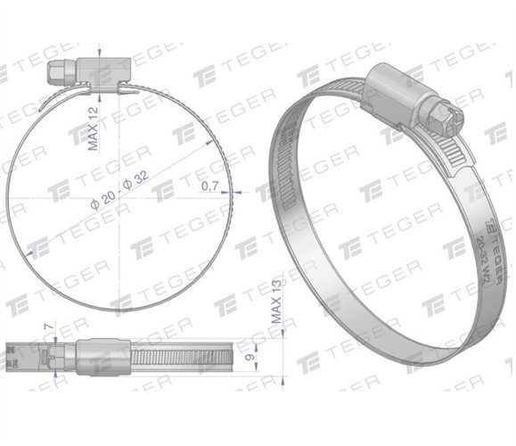 Opaska zaciskowa 20-32 ślimakowa (obejma W2 - stal nierdzewna) szerkość 9mm (blister) TEGER ( sprzedawane po 8 )