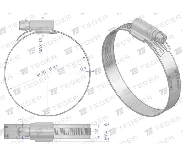 Opaska zaciskowa wzmocniona 20-32 ślimakowa (obejma W2 - stal nierdzewna) szerkość 12mm TEGER ( sprzedawane po 50 )