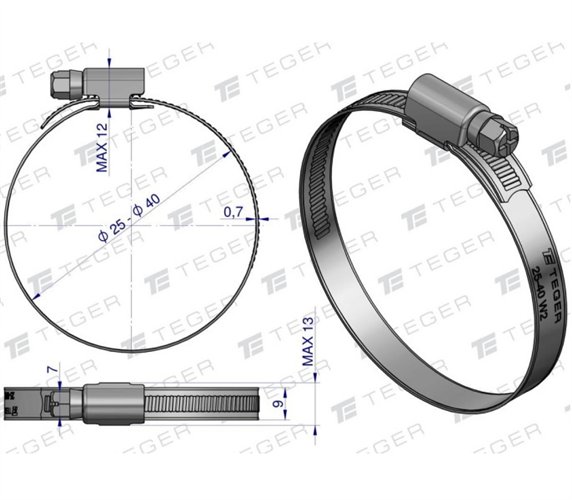 Opaska zaciskowa 25-40 ślimakowa (obejma W2 - stal nierdzewna) szerkość 9mm TEGER ( sprzedawane po 50 )