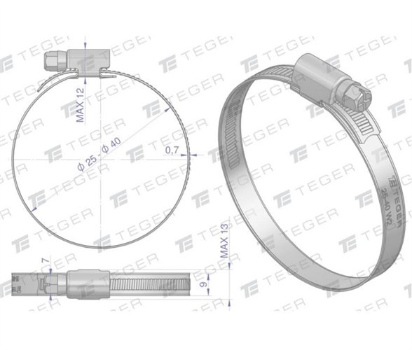 Opaska zaciskowa 25-40 ślimakowa (obejma W2 - stal nierdzewna) szerkość 9mm (blister) TEGER ( sprzedawane po 6 )