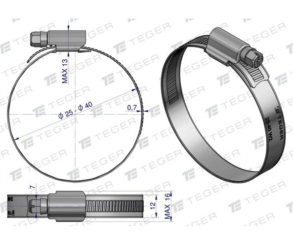 Opaska zaciskowa wzmocniona 25-40 ślimakowa (obejma W2 - stal nierdzewna) szerkość 12mm TEGER ( sprzedawane po 50 )