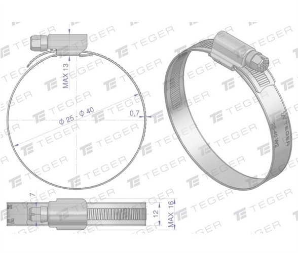 Opaska zaciskowa wzmocniona 25-40 ślimakowa (obejma W2 - stal nierdzewna) szerkość 12mm (blister) TEGER ( sprzedawane po 10 )