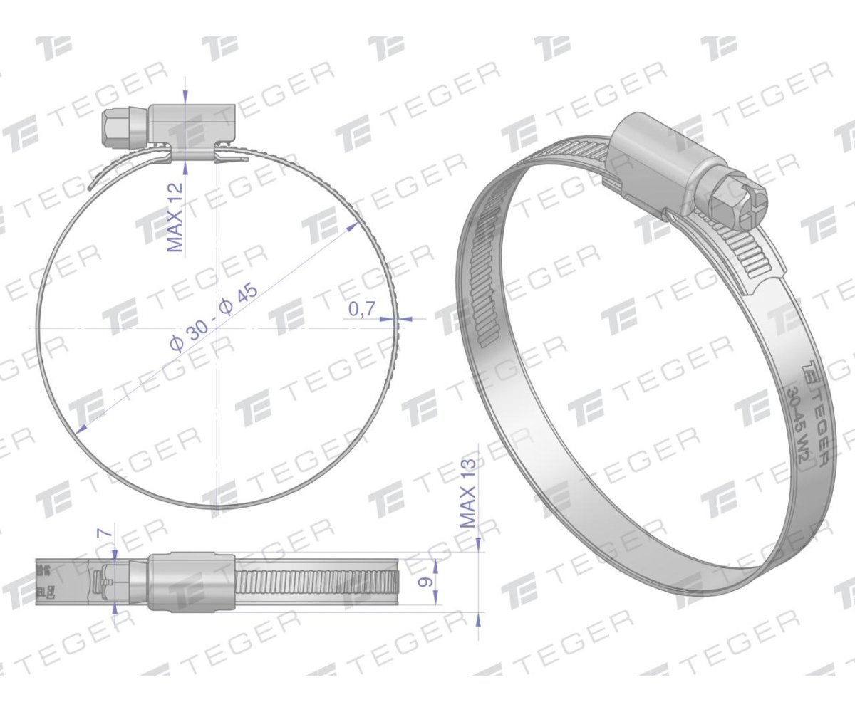 Opaska zaciskowa 30-45 ślimakowa (obejma W2 - stal nierdzewna) szerkość 9mm (blister) TEGER ( sprzedawane po 6 )