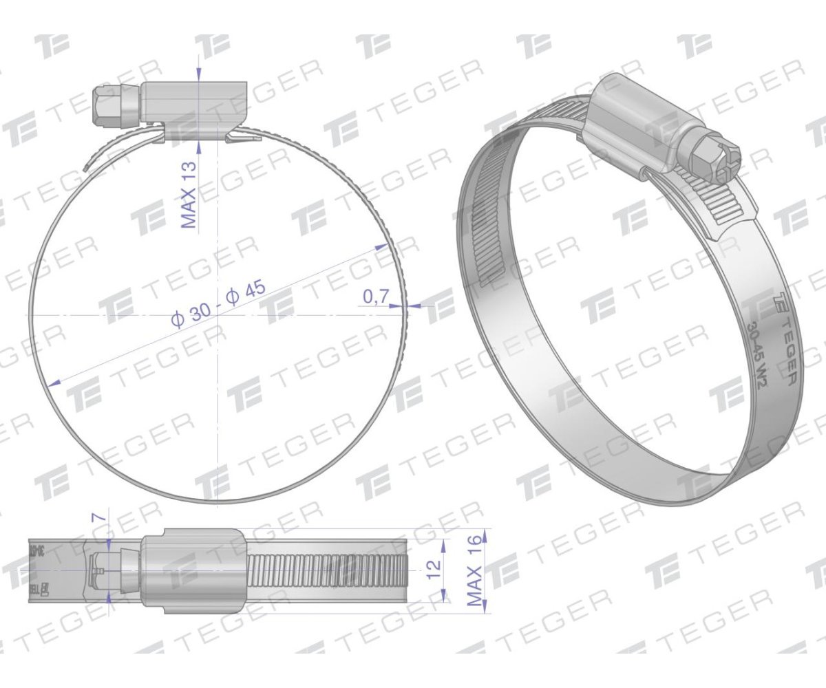 Opaska zaciskowa wzmocniona 30-45 ślimakowa (obejma W2 - stal nierdzewna) szerkość 12mm TEGER ( sprzedawane po 50 )