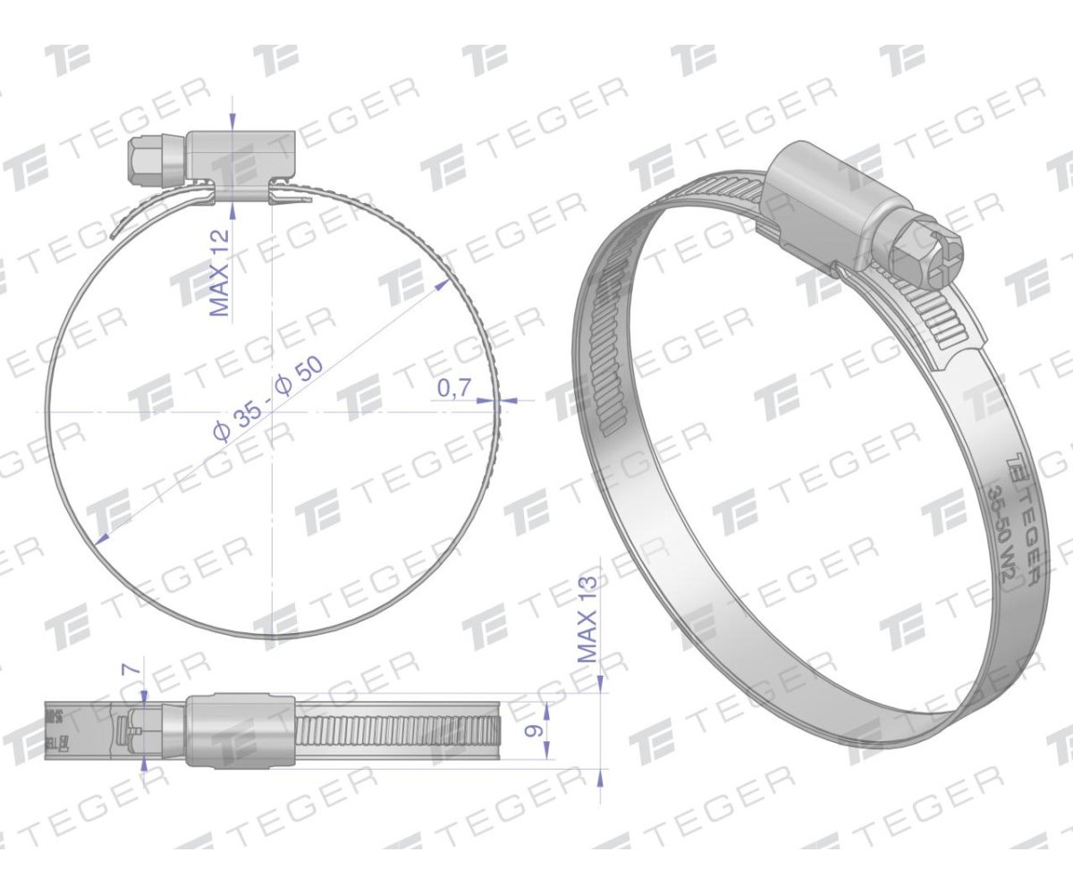 Opaska zaciskowa 35-50 (32-50) ślimakowa (obejma W2 - stal nierdzewna) szerkość 9mm (blister) TEGER ( sprzedawane po 6 )