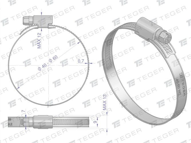 Opaska zaciskowa 40-60 ślimakowa (obejma W2 - stal nierdzewna) szerkość 9mm (blister) TEGER ( sprzedawane po 4 )