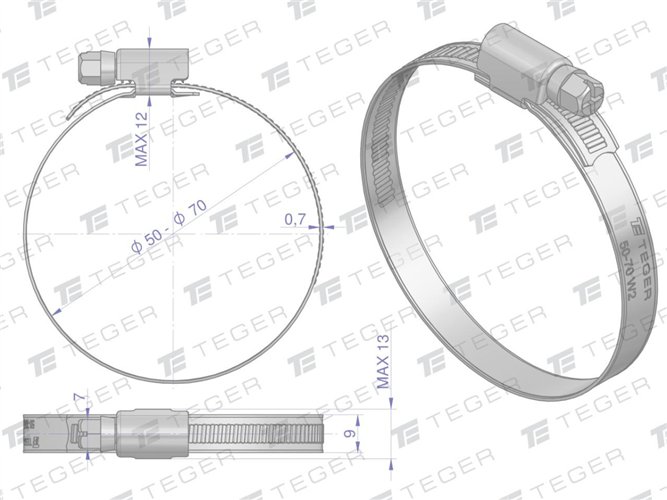 Opaska zaciskowa 50-70 ślimakowa (obejma W2 - stal nierdzewna) szerkość 9mm TEGER ( sprzedawane po 25 )