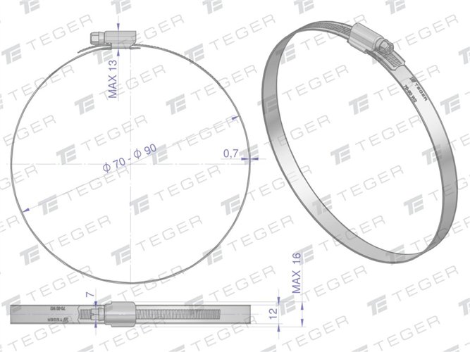 Opaska zaciskowa wzmocniona 70-90 ślimakowa (obejma W2 - stal nierdzewna) szerkość 12mm TEGER ( sprzedawane po 25 )