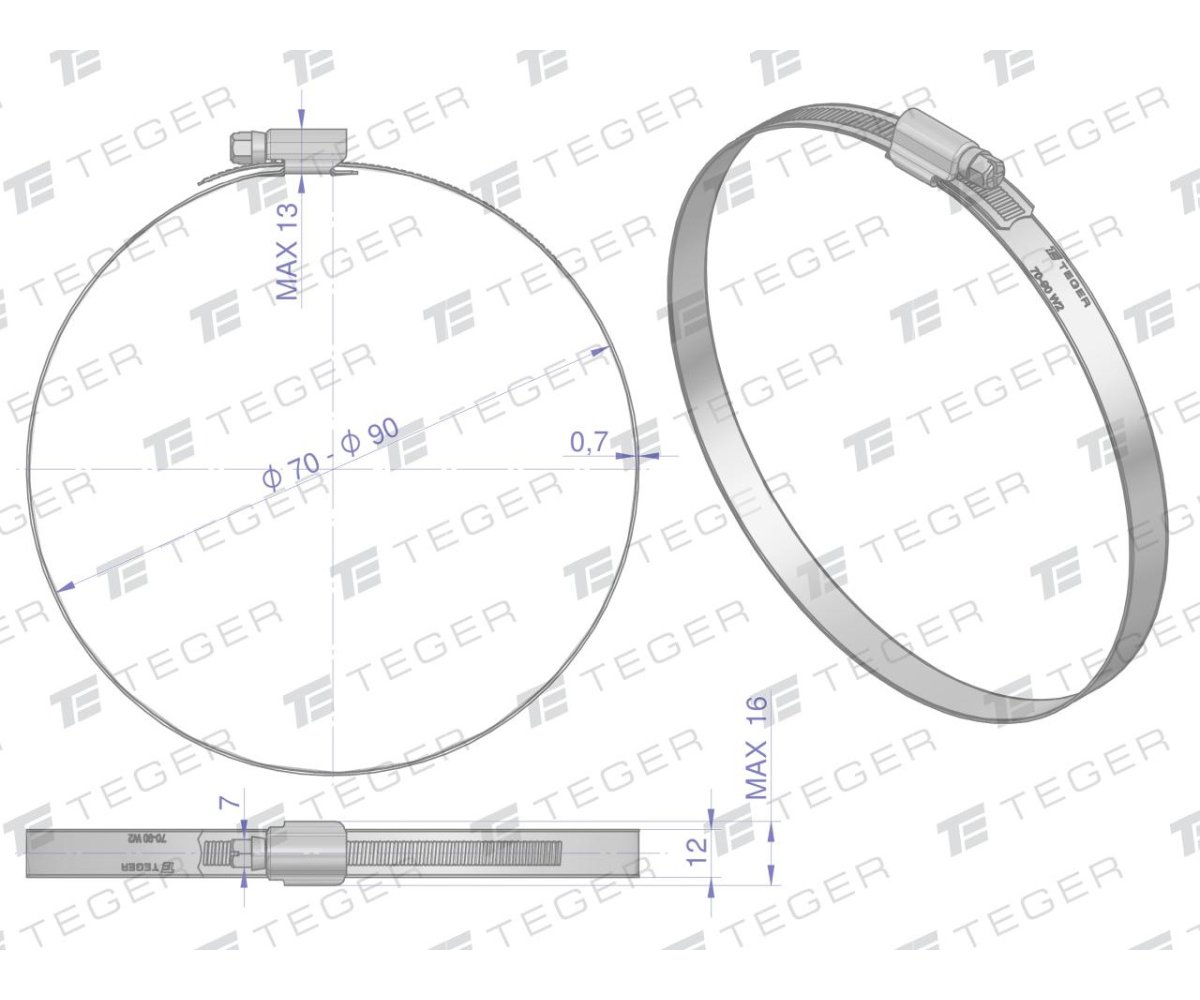 Opaska zaciskowa wzmocniona 70-90 ślimakowa (obejma W2 - stal nierdzewna) szerkość 12mm TEGER ( sprzedawane po 25 )
