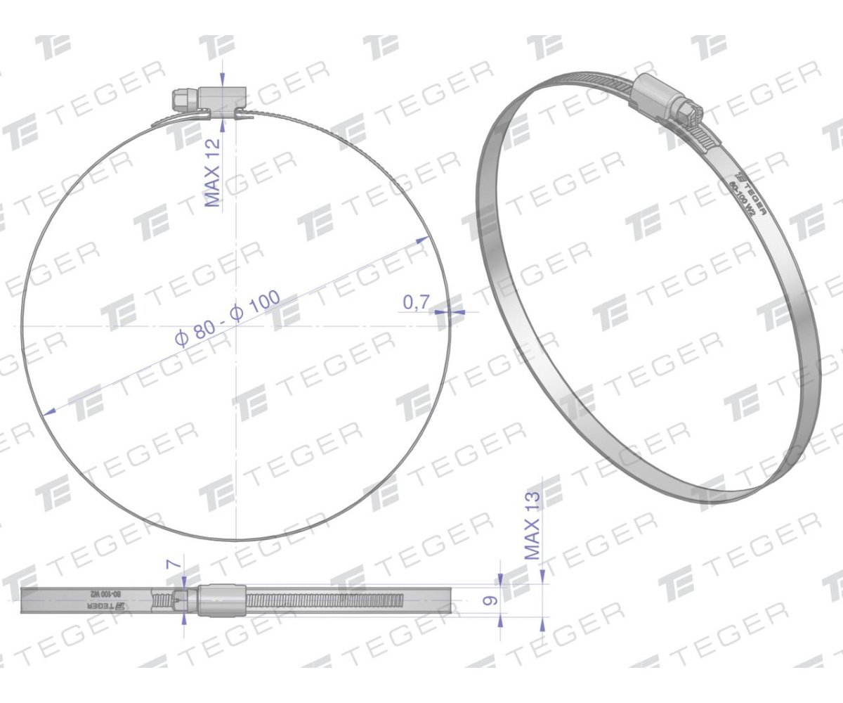 Opaska zaciskowa 80-100 ślimakowa (obejma W2 - stal nierdzewna) szerkość 9mm TEGER ( sprzedawane po 10 )