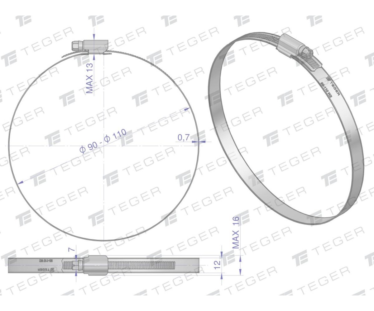 Opaska zaciskowa wzmocniona 90-110 ślimakowa (obejma W2 - stal nierdzewna) szerkość 12mm TEGER ( sprzedawane po 10 )