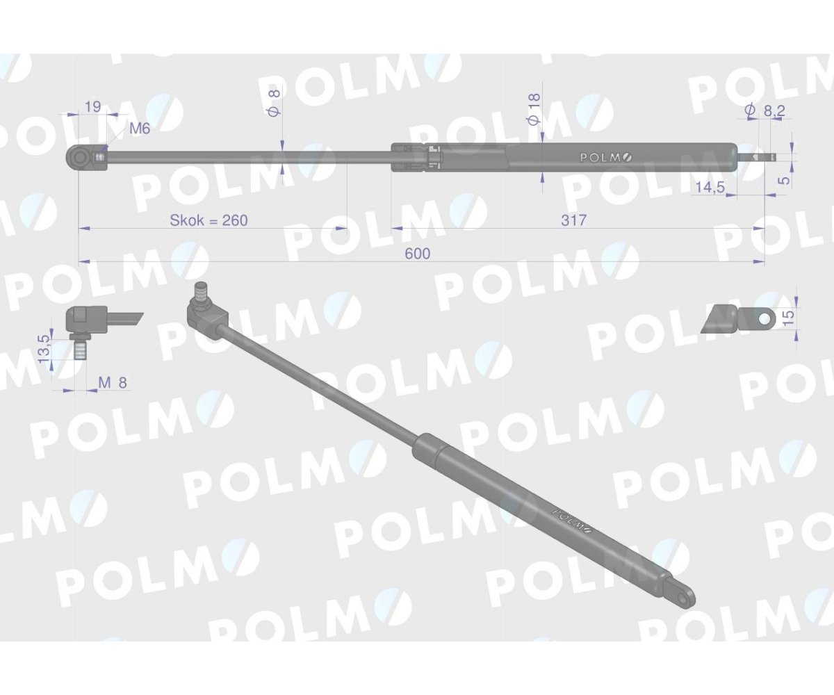 Siłownik szyby tylnej L max. 600mm 04354078P MASSEY FERGUSON DEUTZ FRITZMEIER POLMO