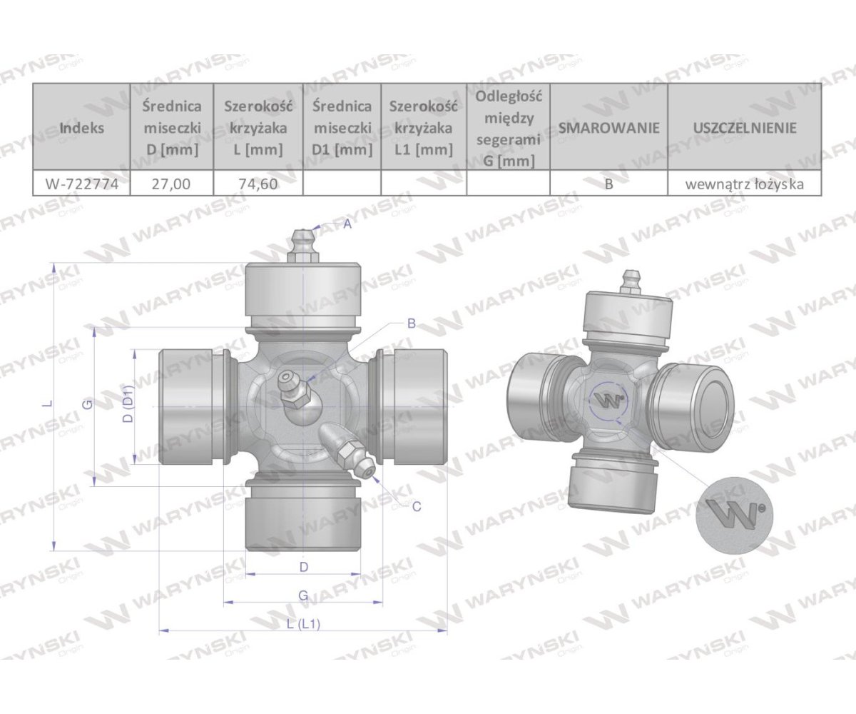Krzyżak wału 27x74.60 smarowanie centralne Waryński