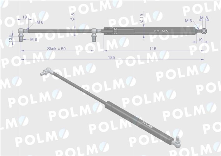 Siłownik szyby bocznej L max. 185mm 65499071 DIETEG POLMO