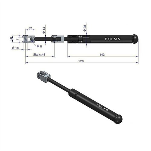 Siłownik szyba przednia L max. 220mm 65499076 FRITZMEIER POLMO