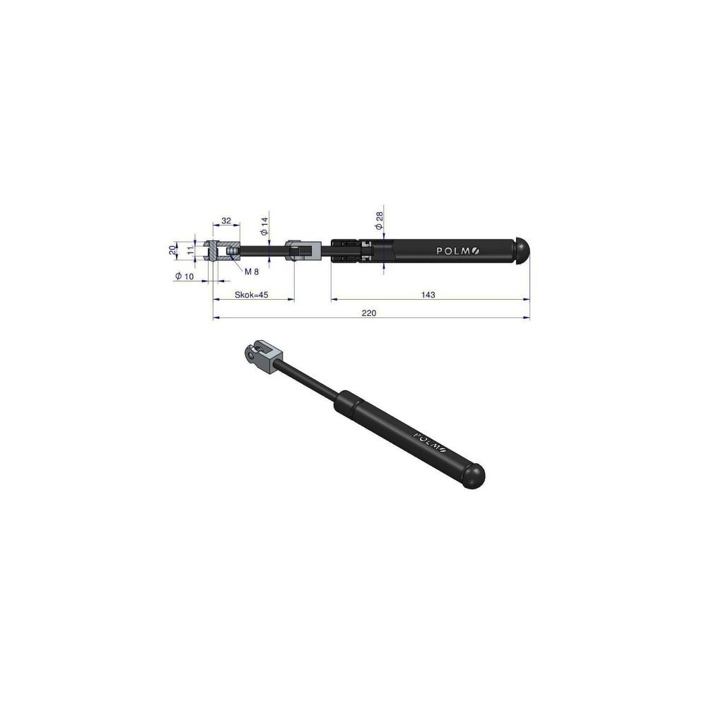 Siłownik szyba przednia L max. 220mm 65499076 FRITZMEIER POLMO