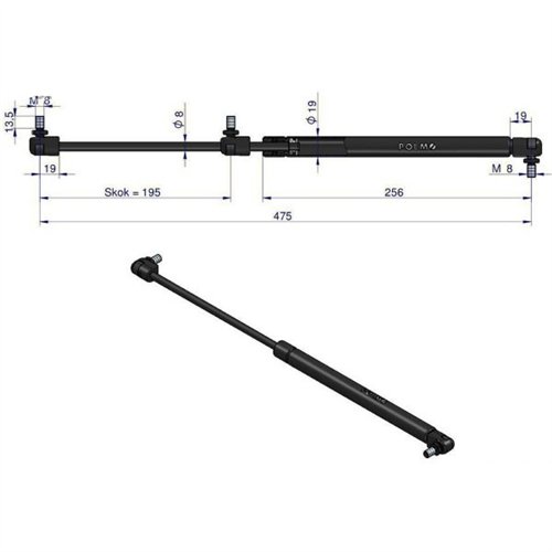 Siłownik szyby tylnej L max. 475mm 1873903M93P MASSEY FERGUSON. LANDINI. FORD POLMO
