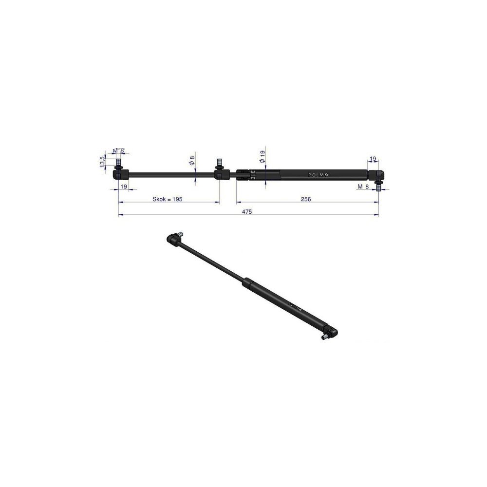 Siłownik szyby tylnej L max. 475mm 1873903M93P MASSEY FERGUSON. LANDINI. FORD POLMO