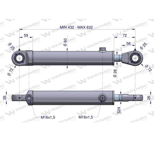 Cylinder hydrauliczny - siłownik dwustronny wspomagania CJF-50/28/200Z (sworzeń 25mm) Bizon Waryński