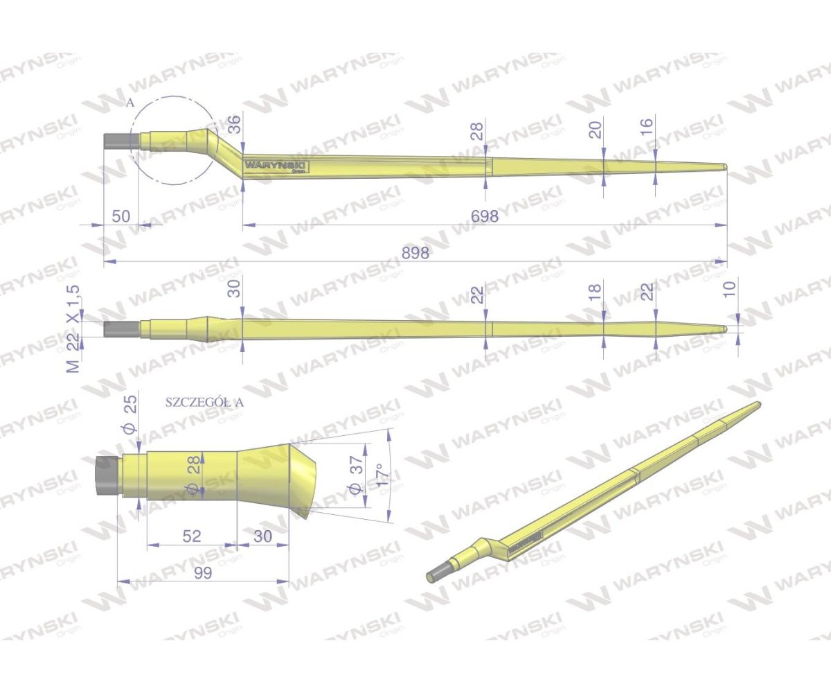 Ząb ładowacza uniwersalny Z L- 880 mm zastosowanie 5193-FT88N Tur WARYŃSKI
